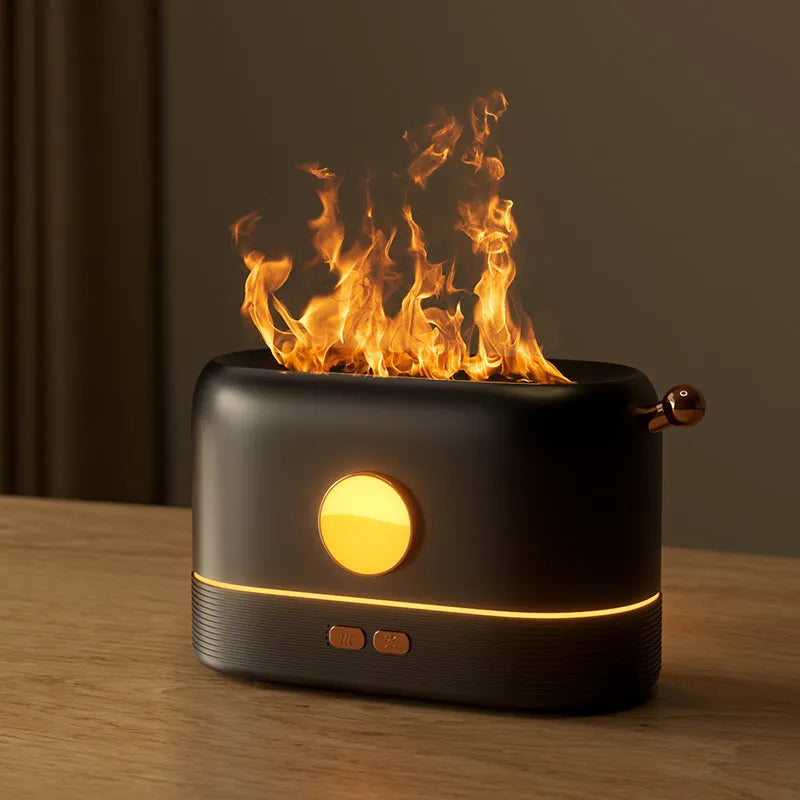 Black USB desktop humidifier with flame-effect LED light and 200ml water tank