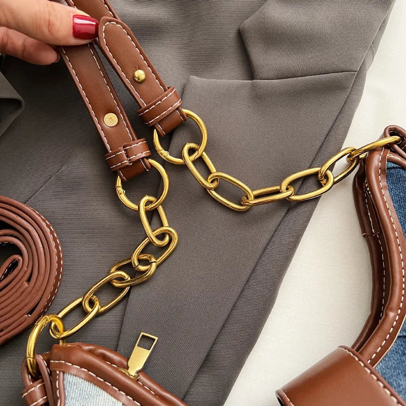 Brown denim women's shoulder bag with diamond chain straps and bucket shape