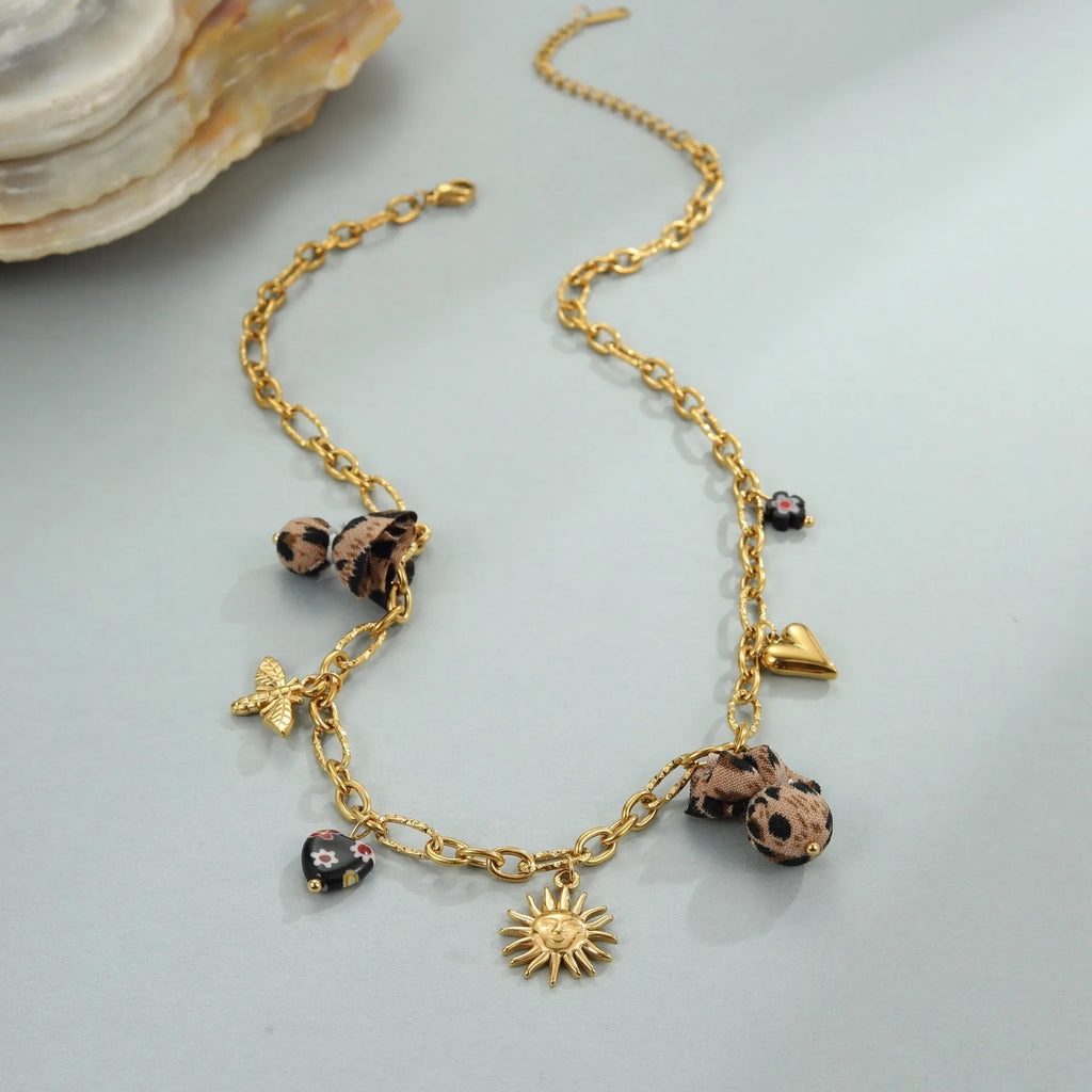 18K gold plated stainless steel leopard heart pendant necklace with adjustable chain