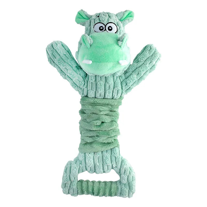 Large plush hippo or monkey dog toy with a handle base for tug-of-war games.