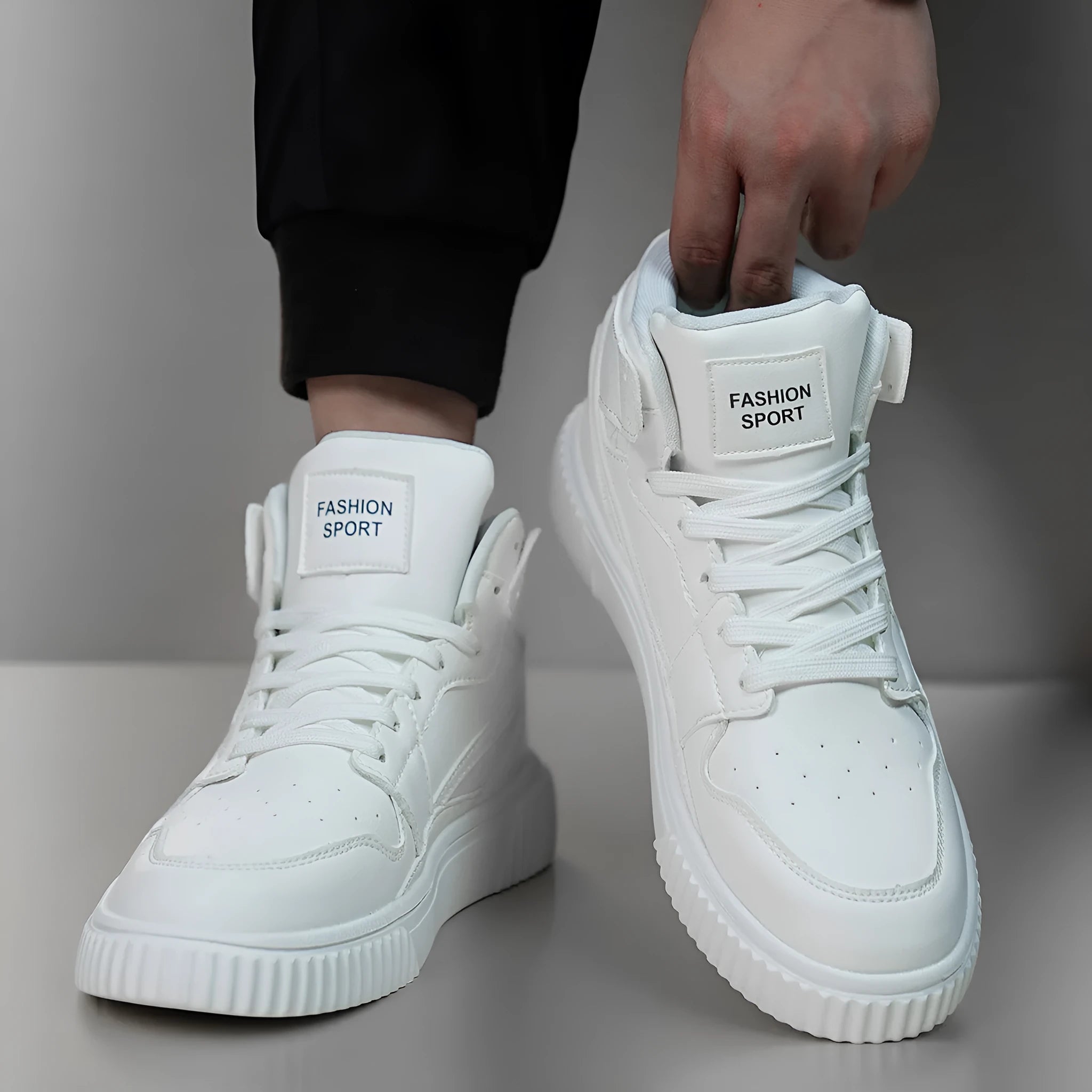 Men's white casual shoes with round toe and microfiber upper in solid color design for autumn winter leisure wear.
