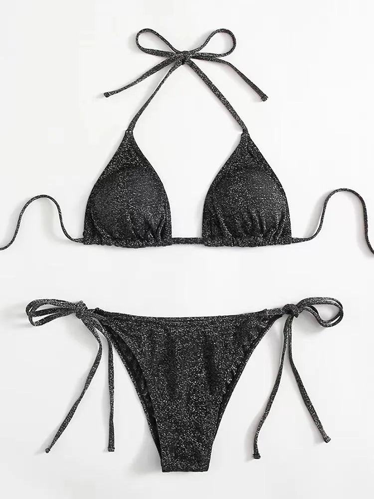 Women's split bandage bikini swimsuit in polyester fabric showing six colour options