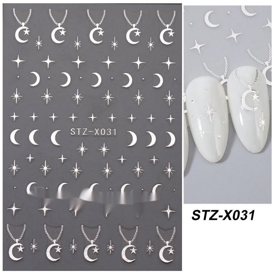 Sheet of black and silver stripe nail art stickers from a cartoon series for DIY manicures.