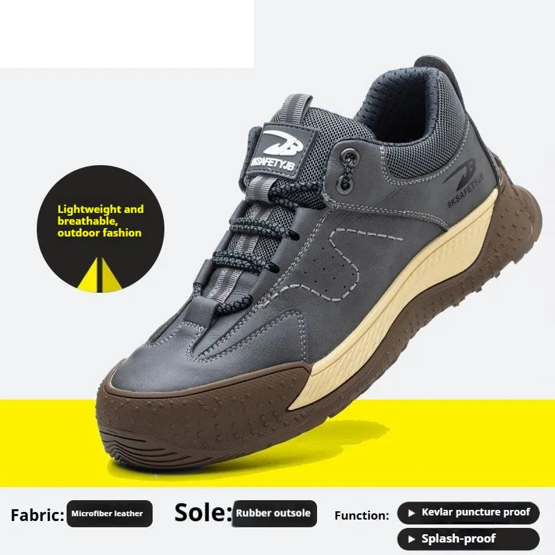 Men's black Flyknit leather work shoes with a safety toe cap and rubber sole on a work site background.