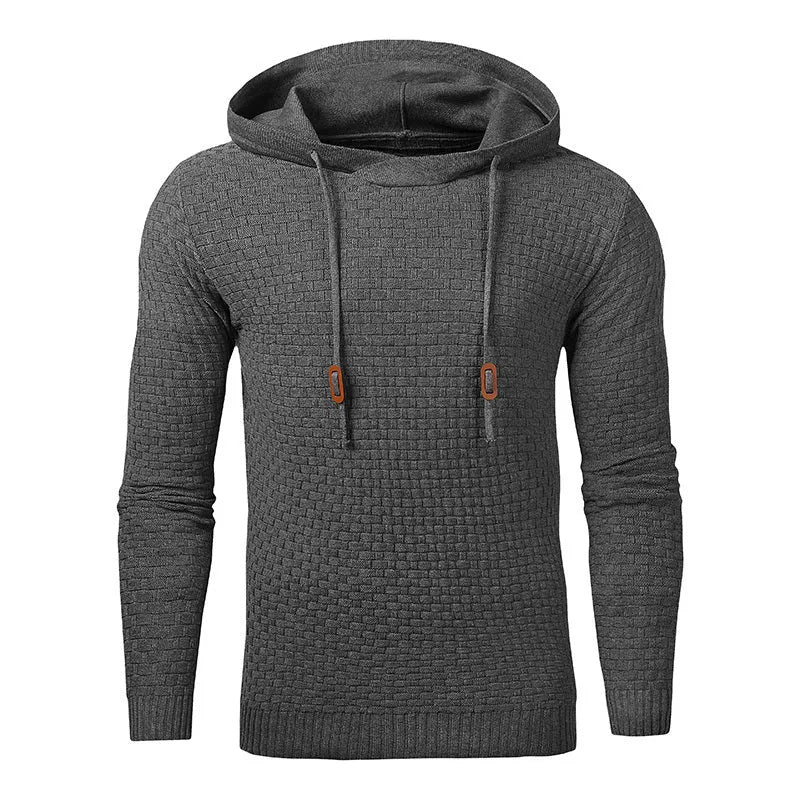 Men's black hoodie sweater made from cotton and polyester blend fabric.