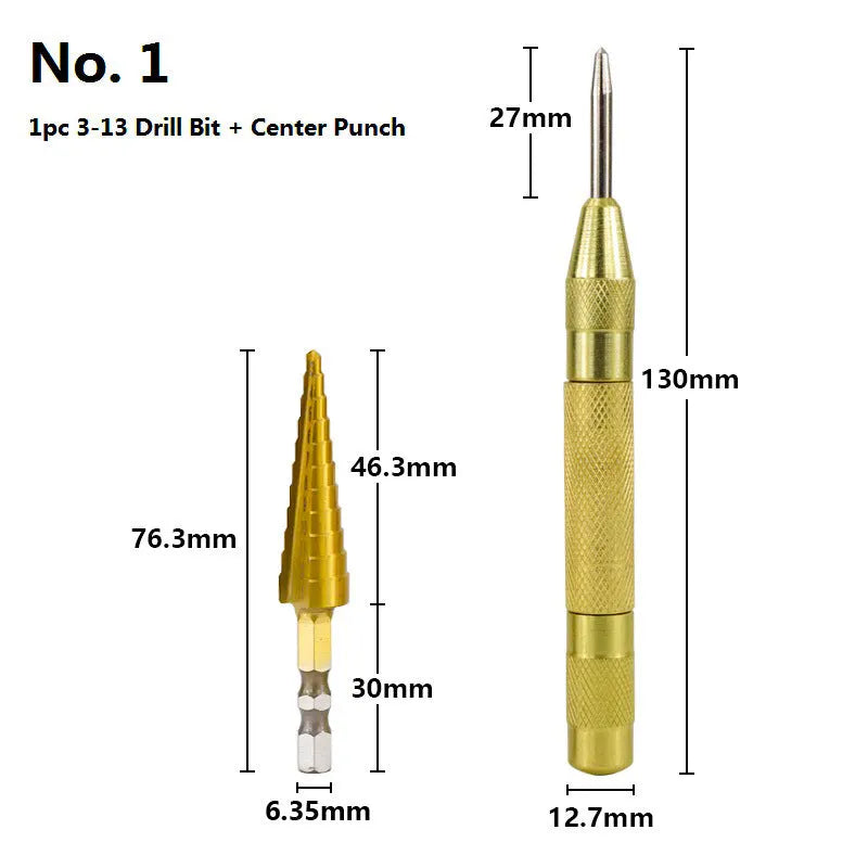 High speed steel step drill bits and centre punch set for metal drilling