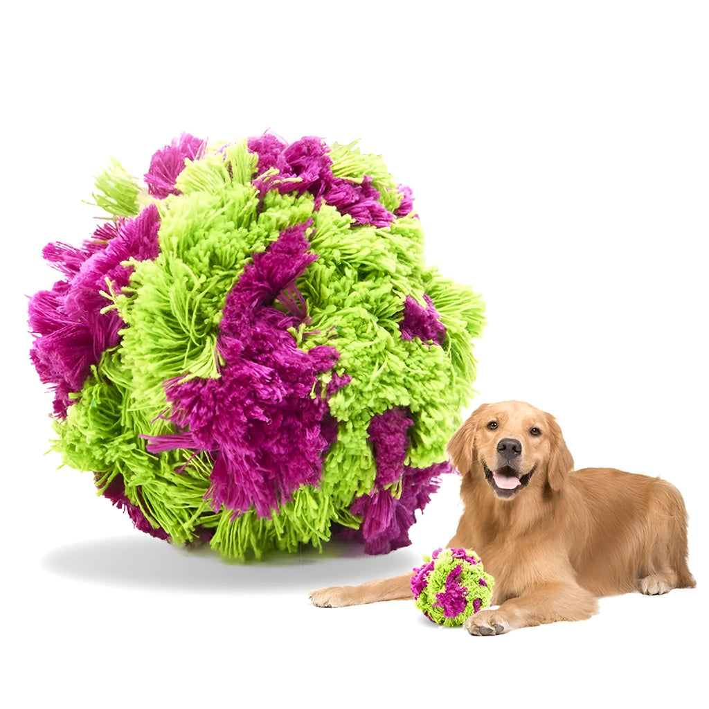 Purple plush dog chew ball seaweed design 15cm diameter