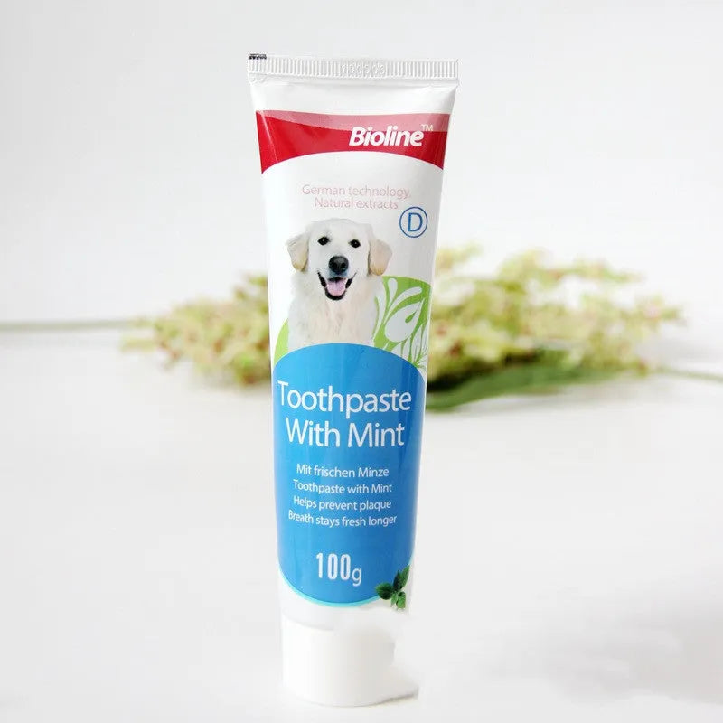 Bioline dog toothpaste in natural formula for calculus removal and fresh breath, available in beef mint orange flavours