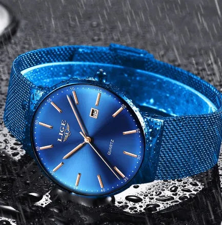 Men's digital watch with stainless steel case and resin strap in black, blue, or two-tone colour