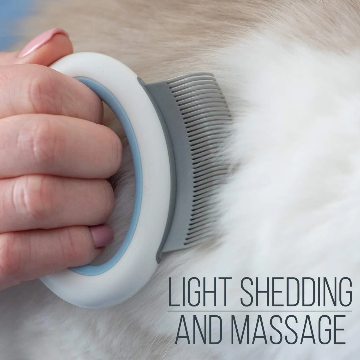 Blue pet grooming comb for deshedding cats and dogs on a white background.