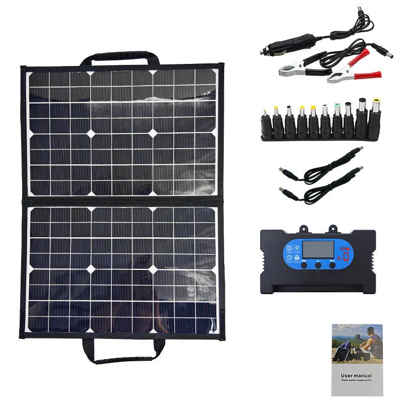 Black 40W monocrystalline solar folding bag panel shown folded to its compact size.