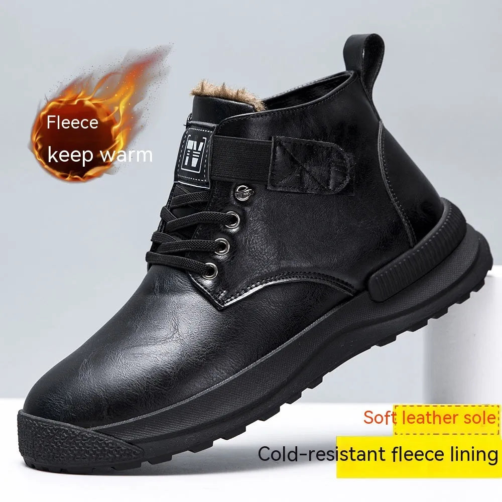Black and brown platform Martin boots with high-top design and rubber sole
