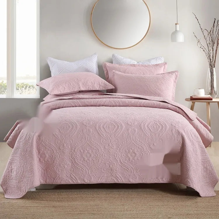 Pure cotton bed cover set showing damask pattern option with bed sheet, duvet cover and pillowcases