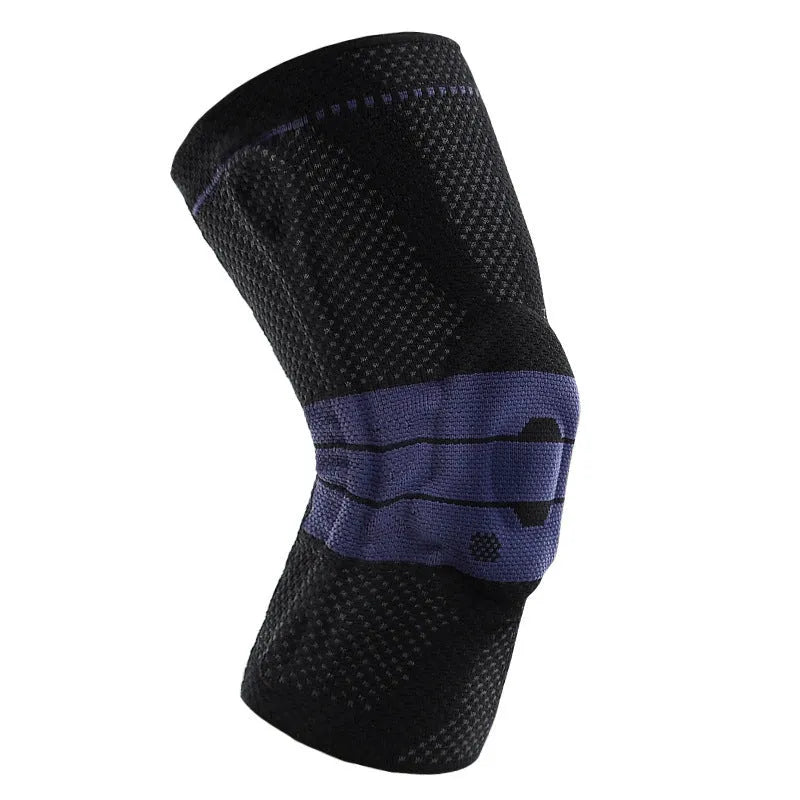 Adult sports knee pads in black and blue colour, shown on a knee for size reference.