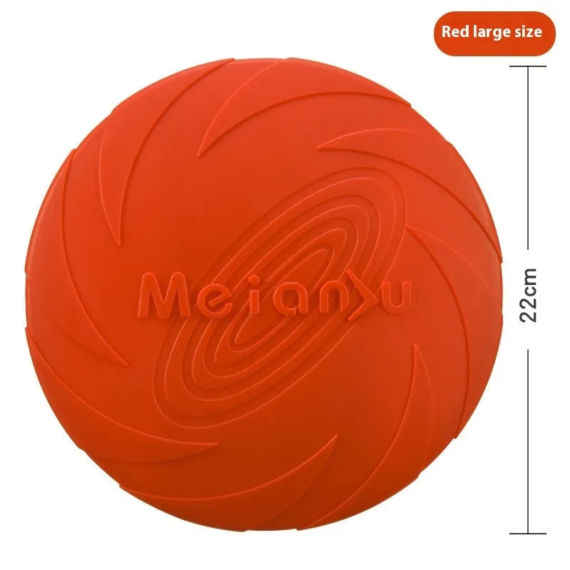 Soft rubber dog frisbee in red, blue, or green colours in small, medium, or large sizes