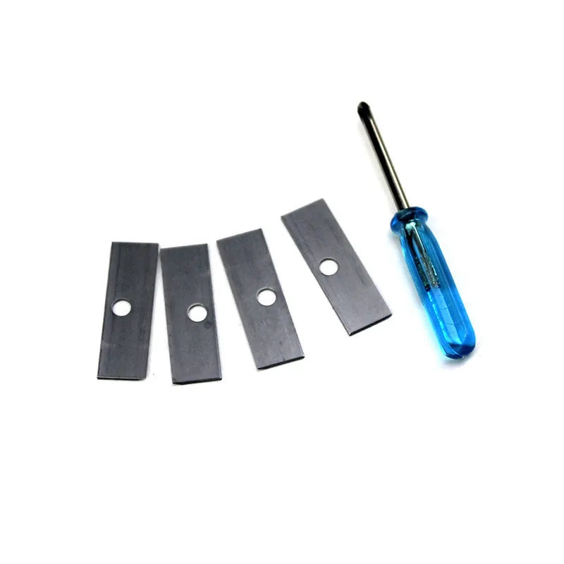 Four-hole plastic pencil sharpener with geometric design and screwdriver for blade replacement