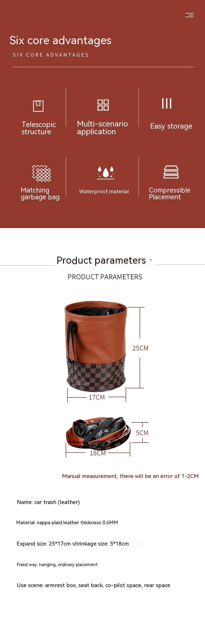 Retractable leather car interior trash can showing folded and extended positions