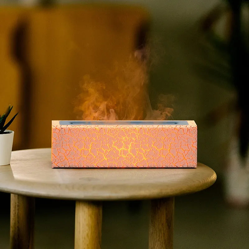 Square desktop humidifier with colourful lava lamp flame lighting effect and mist output