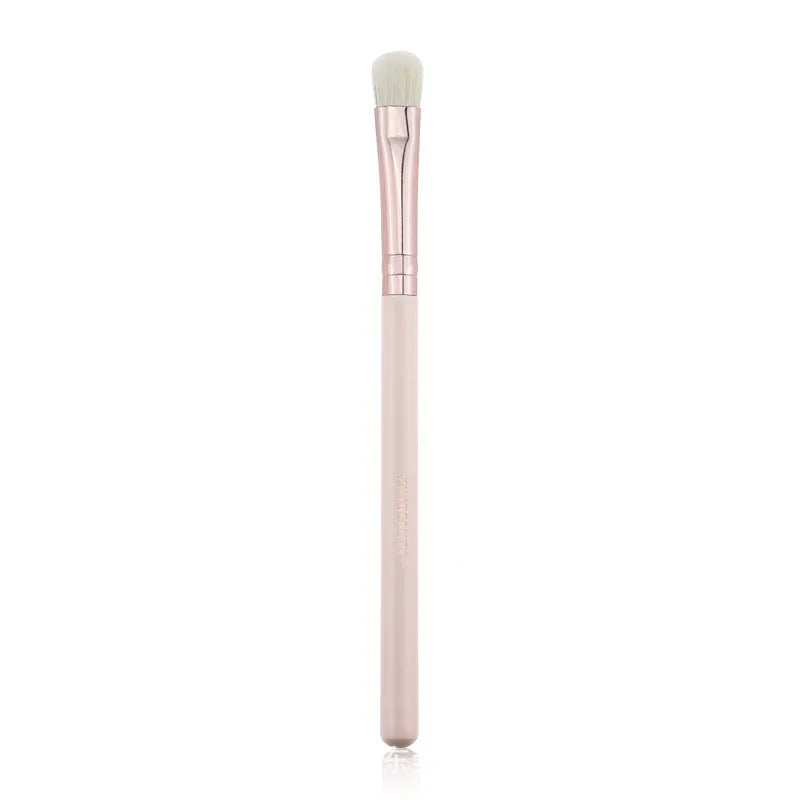 26 pink wooden handle makeup brushes arranged in a pink PU zip case.