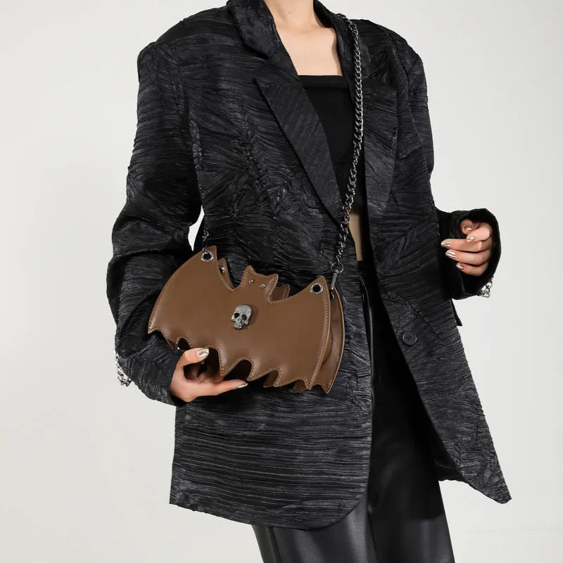 New Fashion Creative Halloween Personalized Bat Handbag in black PU leather with chain strap and batwing shape