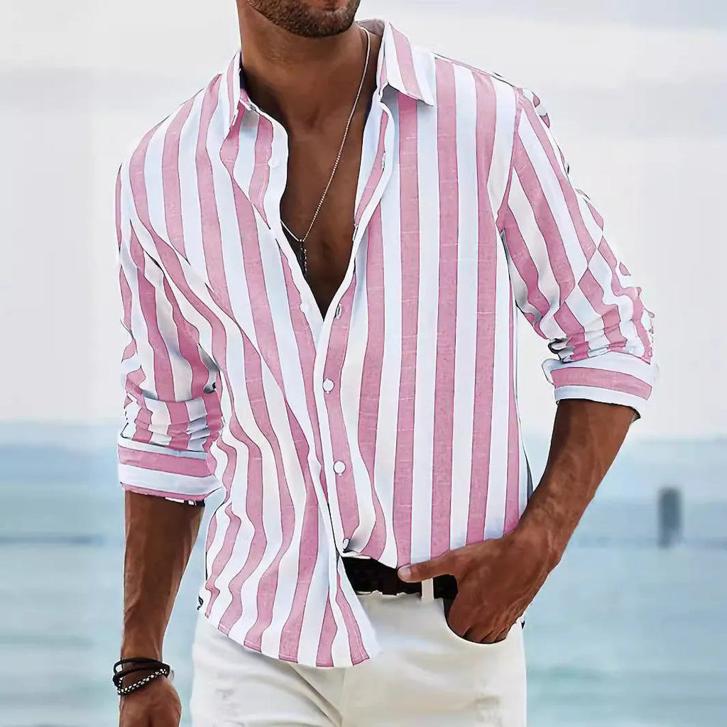 Men's yarn-dyed striped casual shirt in British style cardigan cut with loose fit long sleeves