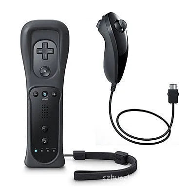 Wii left and right wireless gamepad controllers with rubber sleeve on the right-hand unit, in selected colour.
