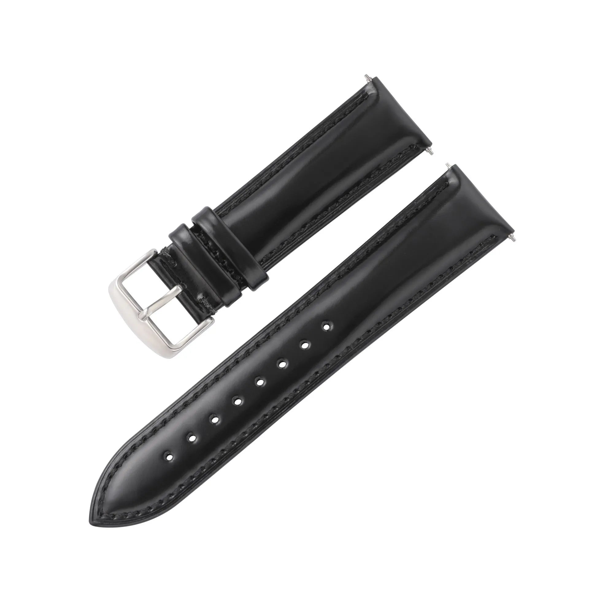 Quick release cowhide leather watch strap in black and white line colour on a watch.