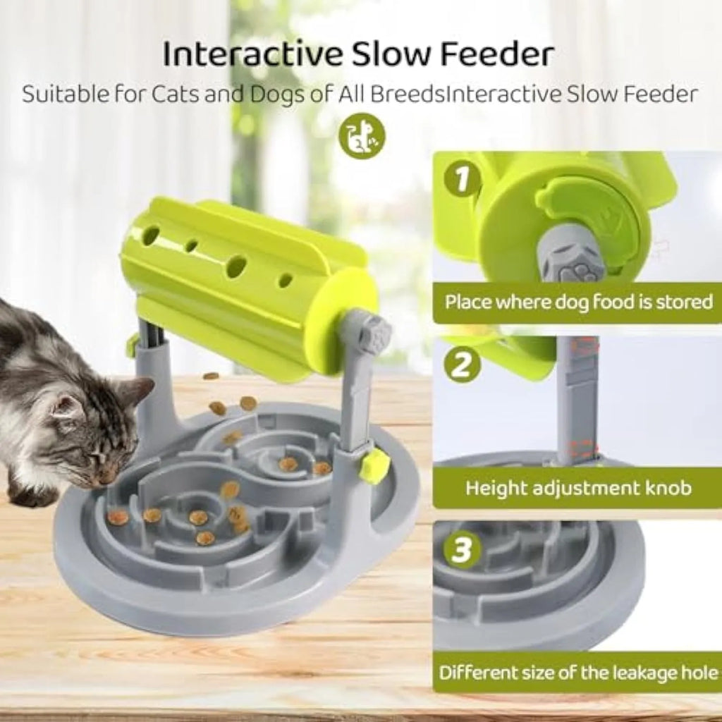 Blue interactive slow feeder puzzle bowl for pets with raised patterns and adjustable height