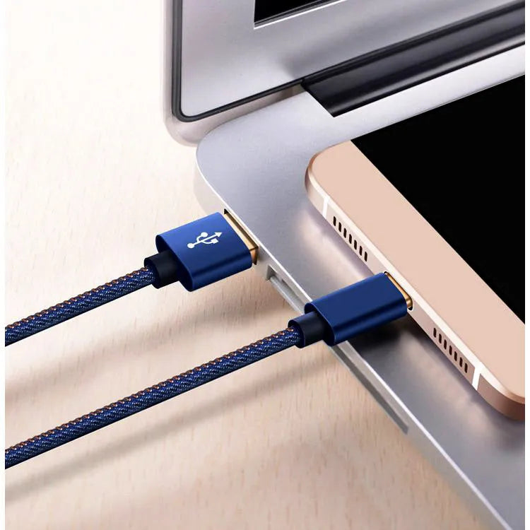 Denim fabric Type-C charging cable with aluminium alloy connectors in black, blue or red colour
