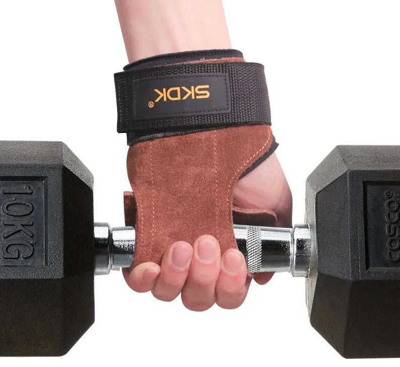 SKDK brown cowhide hand grips with double-layer construction for weight lifting