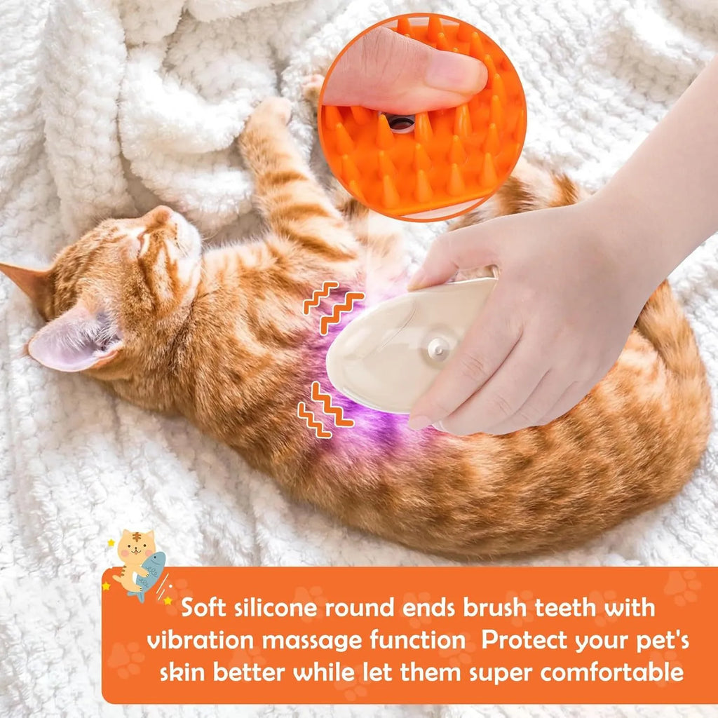 Yellow 4-in-1 cat steam brush with silicone teeth, USB charging port, water tank, and UV lamp for pet grooming.