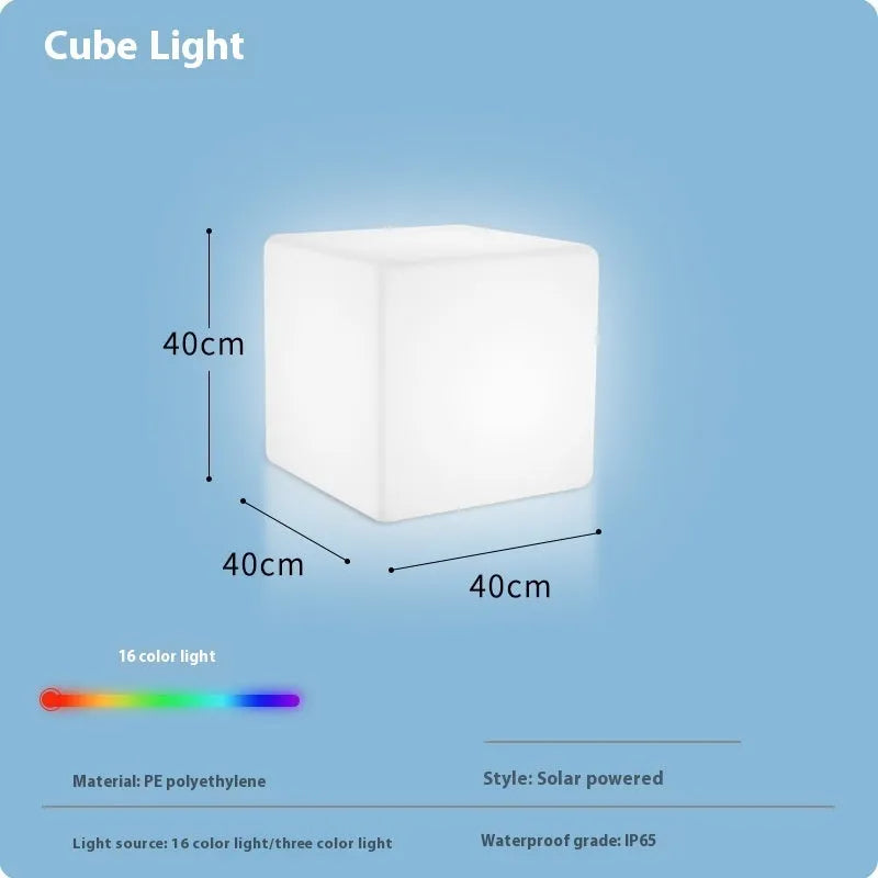 Square LED cube light stool in modern design showing waterproof PE construction with solar panel or charging port visible