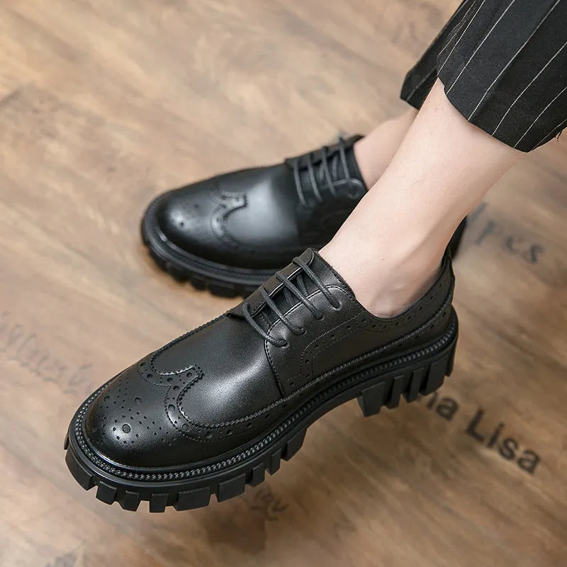 Men's black business brogue shoes with round toe design and artificial leather upper