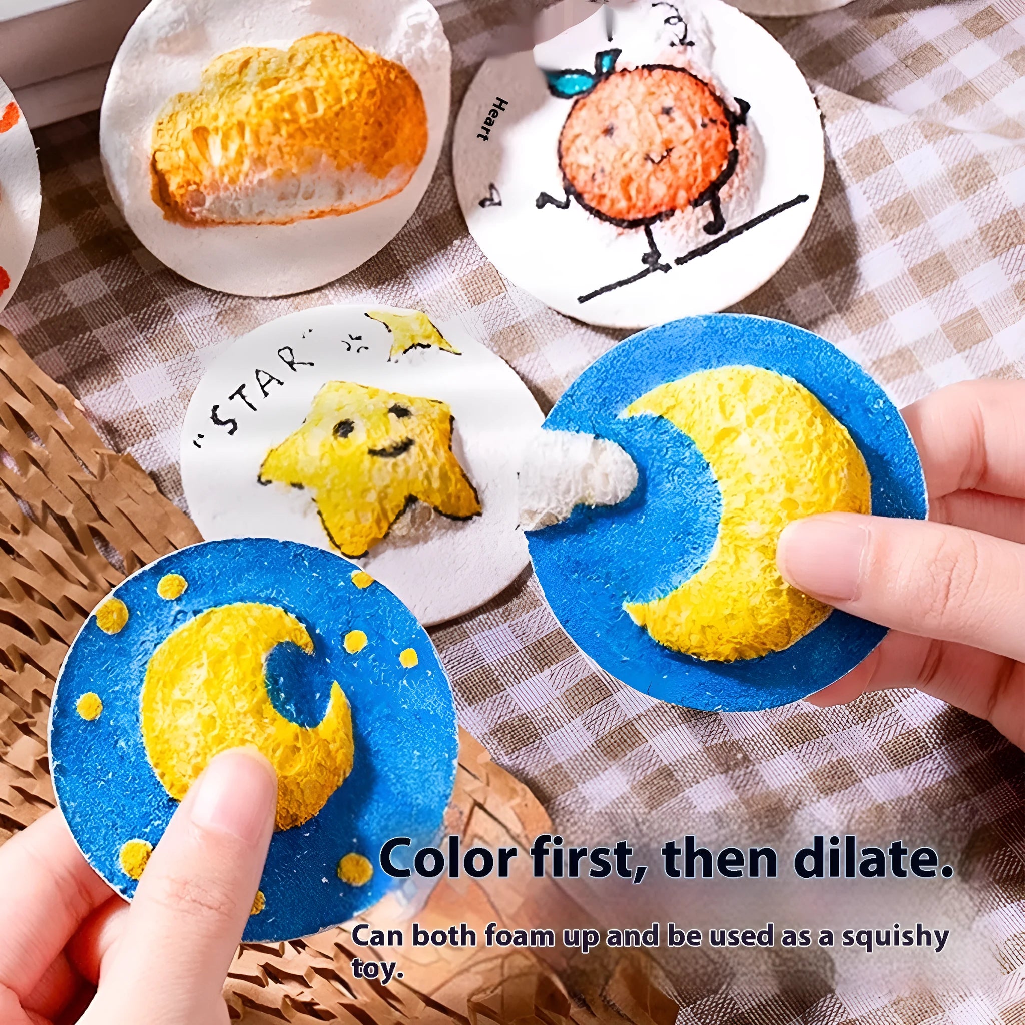 Six-pack cartoon painting sponge stamp set with heart, round, and square blanks plus fountain pens
