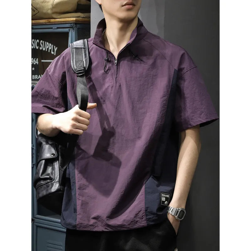 Men's brown half-zip stand collar business shirt with short sleeves and loose fit for summer