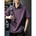 Men's brown half-zip stand collar business shirt with short sleeves and loose fit for summer