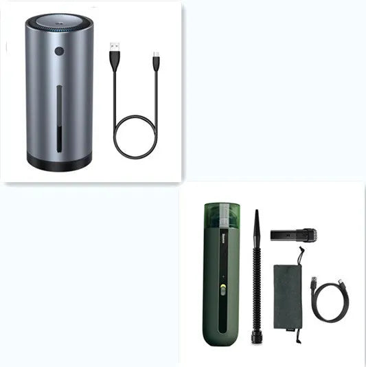 BASEUS wireless handheld car vacuum cleaner in black, white, or green with suction and blowing hose.