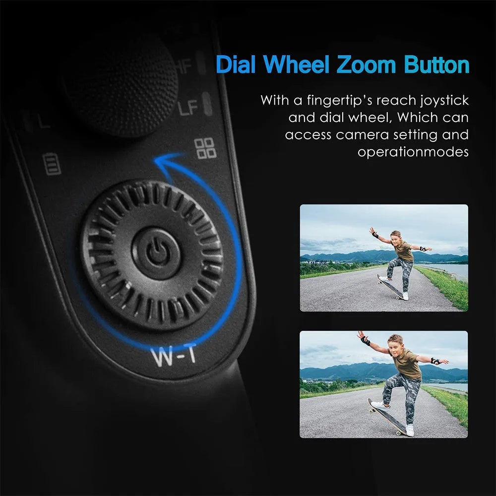 Black three-axis handheld gimbal stabilizer for mobile phones showing PTZ mechanism.