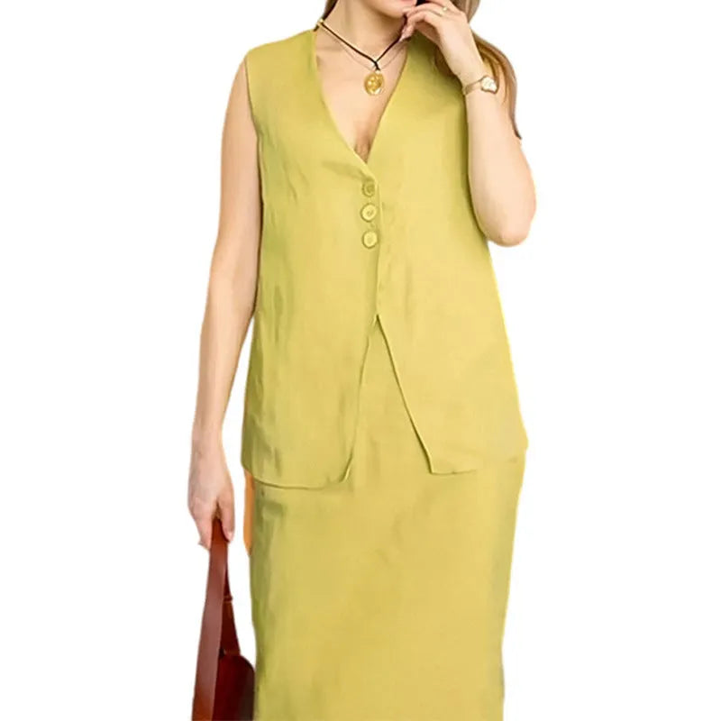 Women's polyester two-piece set with sleeveless vest top and long skirt in blue colour
