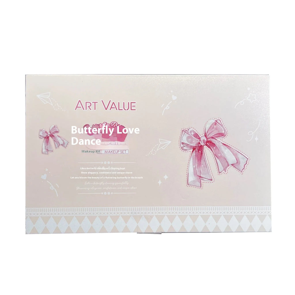 Butterfly box makeup set showing lip muds, powder blusher and necklace