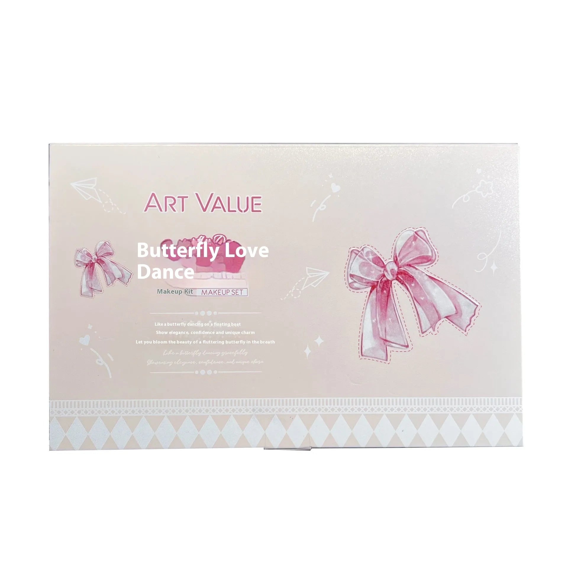 Butterfly box makeup set showing lip muds, powder blusher and necklace