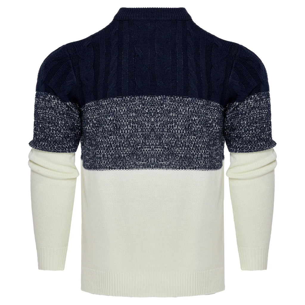 Men's grey knitted crew neck pullover sweater on a hanger.