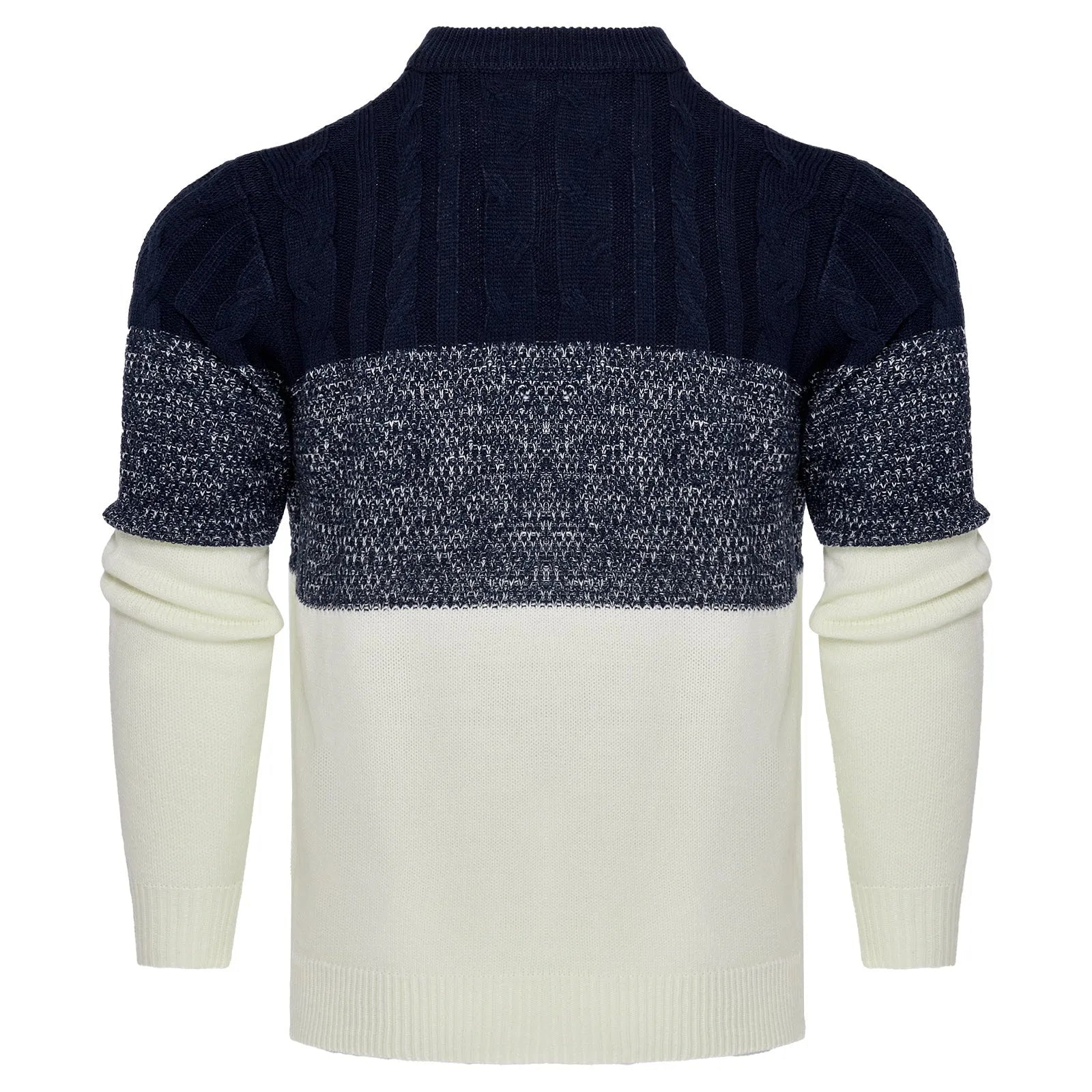 Men's grey knitted crew neck pullover sweater on a hanger.