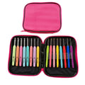 Set of 16 crochet hooks with two handle types in a black PU storage pouch.