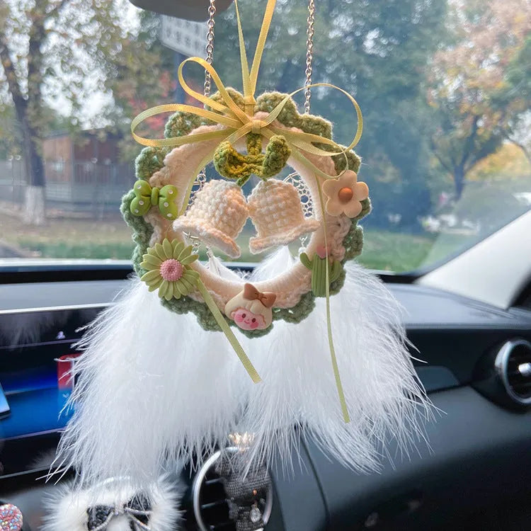 Woven wool bell orchid car hanger pendant in green colour with dream catcher accessory