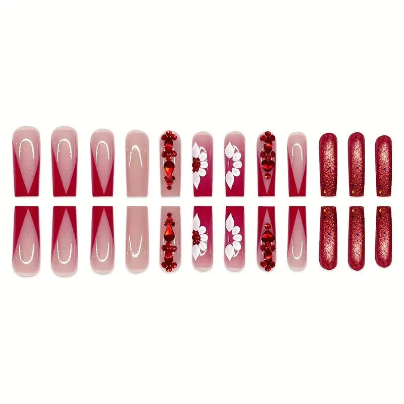 Flower-patterned artificial nails with red diamond accents in European square long shape