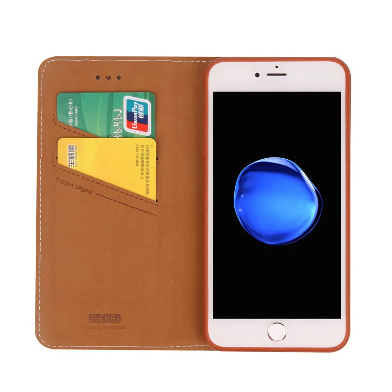 Black PU leather business wallet case for iPhone X showing card slot and cash compartment.