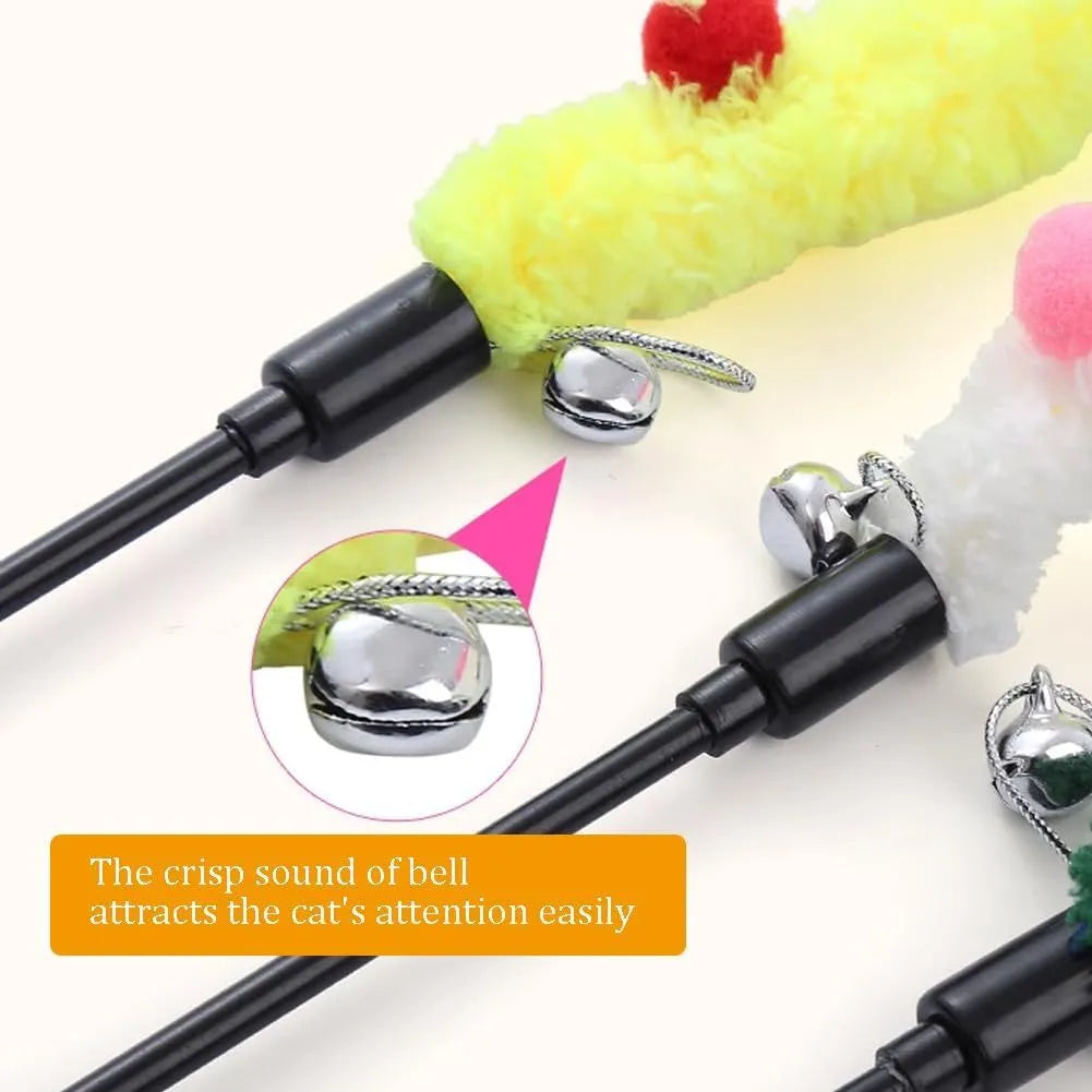 Colourful plush strip cat wand toy with jingle bells on a 41cm long pole