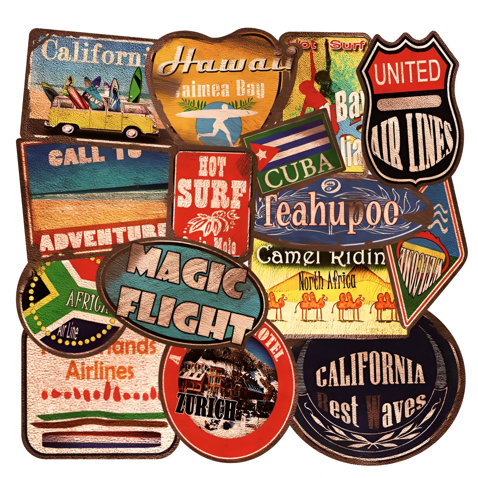 Set of 36 large retro-style beach and surfing themed stickers on a sheet, showing assorted designs.