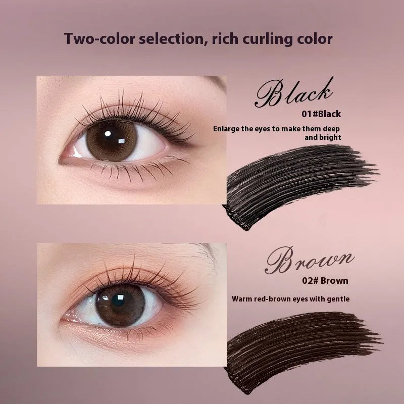 Long curling mascara tube in black and brown colour options for volumised, lifted lashes